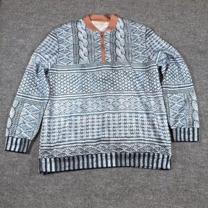 Royaura Shirt Men Large Blue Print Pullover Quarter Zip Long‎ Sleeve Crew Collar